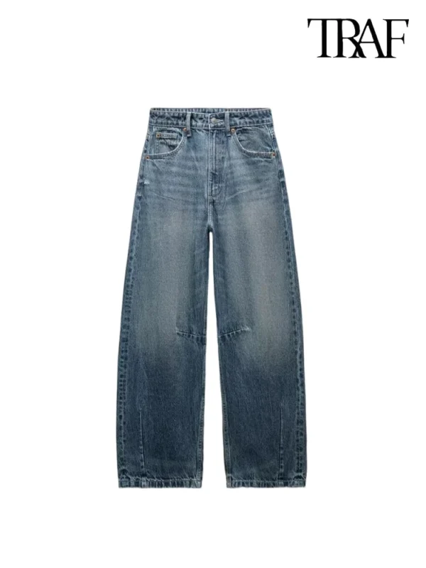 TRAF women's mid-rise silhouette loose jeans washed vintage style casual straight wide leg jeans fashionable versatile trousers - Image 3