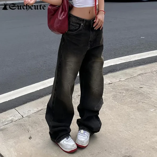 SUCHCUTE Low Waist Jeans for Women Goth Y2k Style Baggy Jeans Punk New Jeans Wide Leg Denim Pants Kpop Casual Loose Streetwear - Image 2