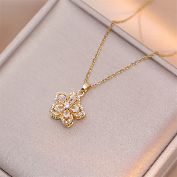 Shiny Zircon Romantic Flower Pendant Necklace For Women Gold Plated Rotatable Flowers Choker Girls Wedding Party Luxury Jewelry - Image 3