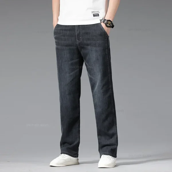 Summer Thin Men's Stretch Baggy Jeans Blue Gray Elastic Waist Business Casual Straight Denim Trousers Classic Style Male - Image 4