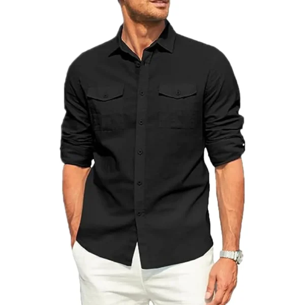 Men's Shirt Double Pocket Cotton Linen Long Sleeve Shirt Casual Holiday Shirt Simple Lapel Solid Cargo Shirts Tops Blouses - Image 5