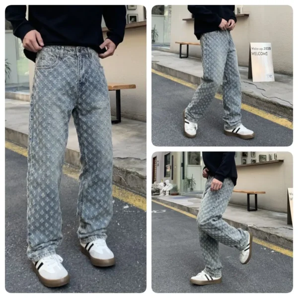 Blue jeans Personalized Men's jacquard pattern Vintage embossed Streetwear loose jeans men's pants loose straight bottoms men's - Image 2