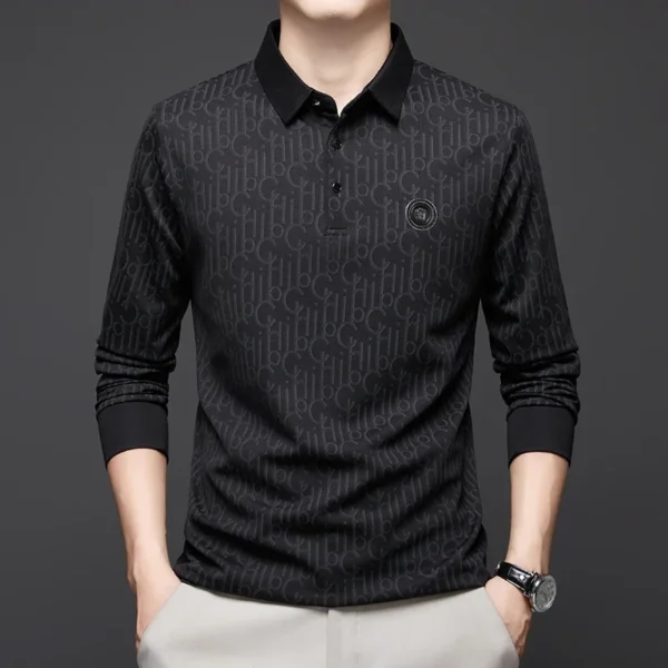 New Men's Business Casual Long Sleeved Shirt with Badge Solid Color Polo Shirt Fashionable Breathable Comfortable Versatile Top - Image 5