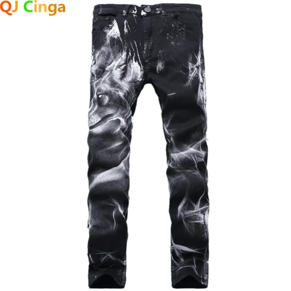 Blue Men 3D Printing Jeans Denim Black Wolf Pattern Printed Punk Straight Cotton Casual Print Denim Pants Asian Size 28-42