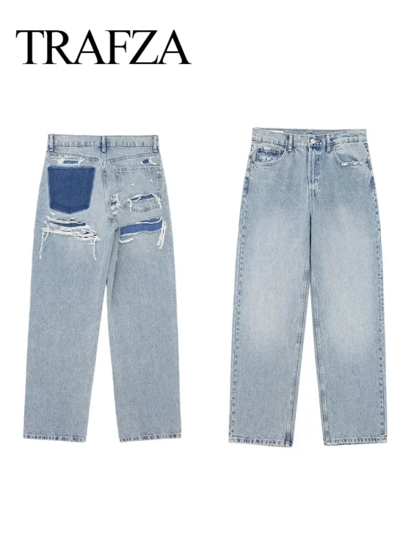 TRAFZA 2024 Fashion Women High Waist Blue Denim Trouser Patchwork Pants Distressed Ripped Jeans Long Pants High Street Y2k Style - Image 8