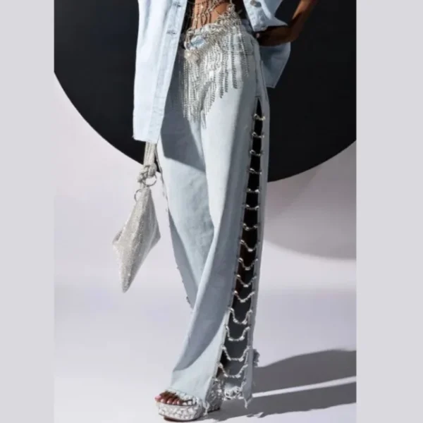 High Waist Ripped Jeans for Women Summer Thin Side Slit Pants Women Denim Long Jeans with Drill Chains Straight Wide-leg Jeans
