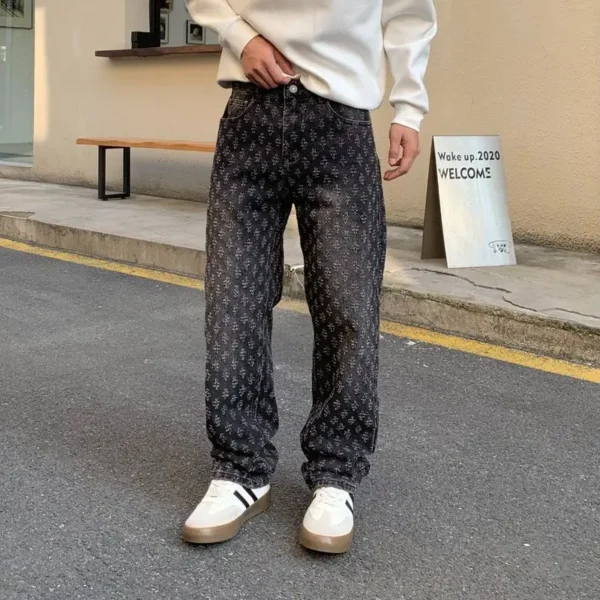 Blue jeans Personalized Men's jacquard pattern Vintage embossed Streetwear loose jeans men's pants loose straight bottoms men's - Image 5