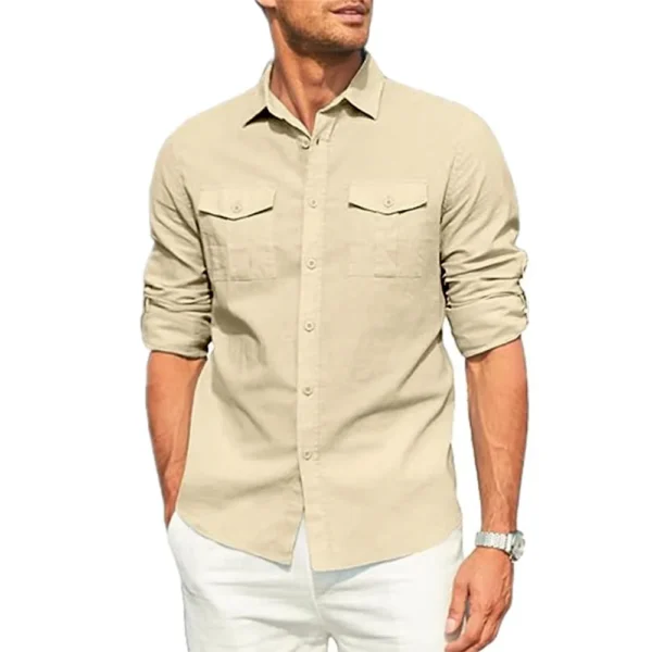 Men's Shirt Double Pocket Cotton Linen Long Sleeve Shirt Casual Holiday Shirt Simple Lapel Solid Cargo Shirts Tops Blouses - Image 2