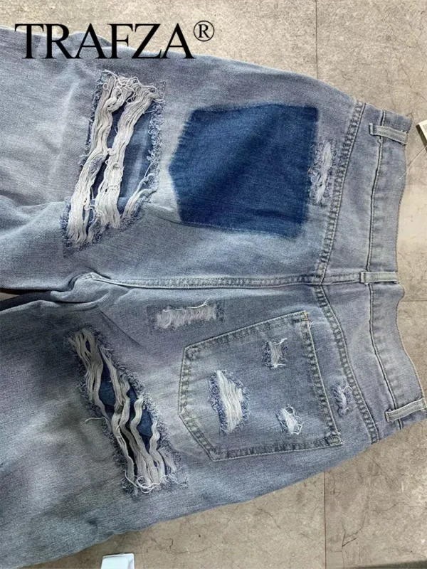 TRAFZA 2024 Fashion Women High Waist Blue Denim Trouser Patchwork Pants Distressed Ripped Jeans Long Pants High Street Y2k Style - Image 10