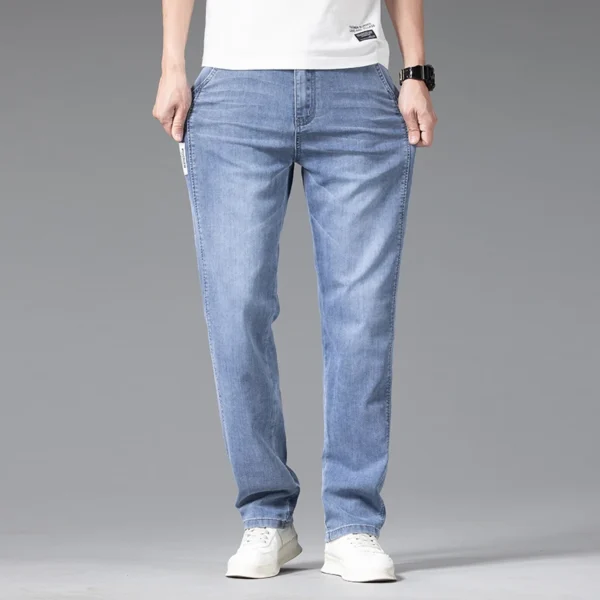 Summer Thin Men's Stretch Baggy Jeans Blue Gray Elastic Waist Business Casual Straight Denim Trousers Classic Style Male - Image 2