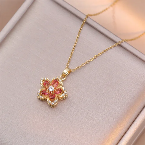 Shiny Zircon Romantic Flower Pendant Necklace For Women Gold Plated Rotatable Flowers Choker Girls Wedding Party Luxury Jewelry - Image 2
