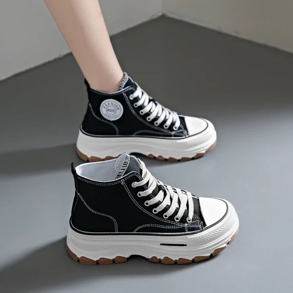 Women High Top Sneakers Lace-Up Casual Plarform Height Canvas Non-slip Wear Resistant 2024 Spring Female Vulcanize Shoes - Image 4