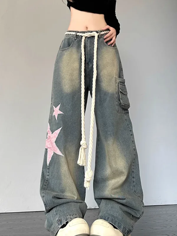 Women Fashion Wide Leg Baggy Jeans Streetwear Vintage Baggy Denim Pants Lady Korean Retro Patchwork Red Heart Oversized Trousers