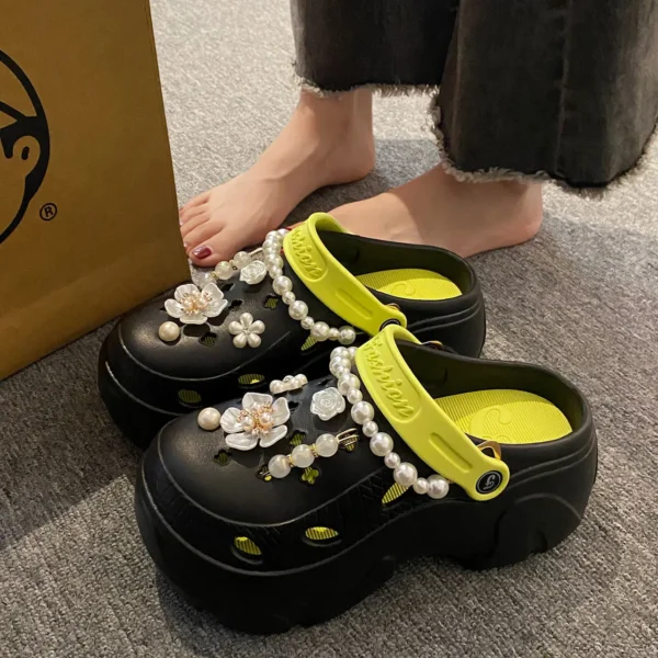 Pearl Chain Chunky Platform Sandals for Women 2024 Summer Thick Sole Beach Sandals Woman Flowers Non Slip EVA Clogs Garden Shoes - Image 5